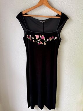 RARE Vtg Ultra Betsey Johnson Velvet Mesh Ribbon Embroidered Dress 90s Y2K S
